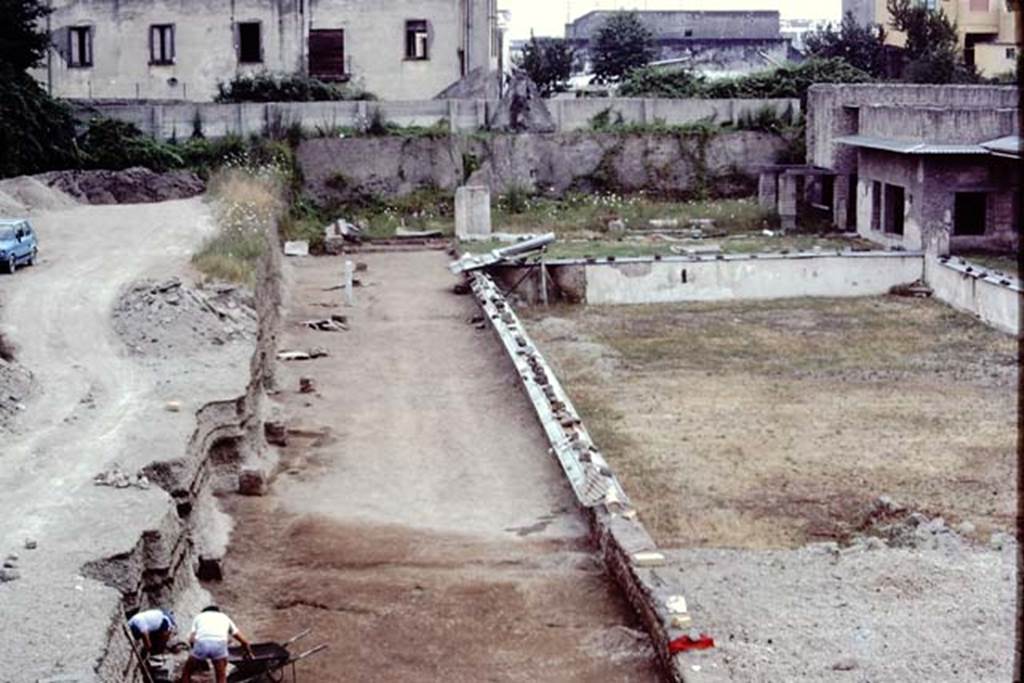 Oplontis Villa of Poppea, July 1983. Statue base 10 being dug out, and discovery alongside it in the lapilli. 
Source: The Wilhelmina and Stanley A. Jashemski archive in the University of Maryland Library, Special Collections (See collection page) and made available under the Creative Commons Attribution-Non Commercial License v.4. See Licence and use details. Oplo0185
According to Wilhelmina - There was great excitement at Oplontis when a headless statue of Nike/Victory was found in front of base 10. (X).  As we excavated the soil behind the statue bases on the north where there had been a considerable covering of lapilli, we found the soil contours of plantings with root cavities which we emptied. In them we found considerable charcoal, which when analysed proved to be oleander.
See Jashemski, W.F., 2014. Discovering the Gardens of Pompeii: Memoirs of a Garden Archaeologist, (p.289).

