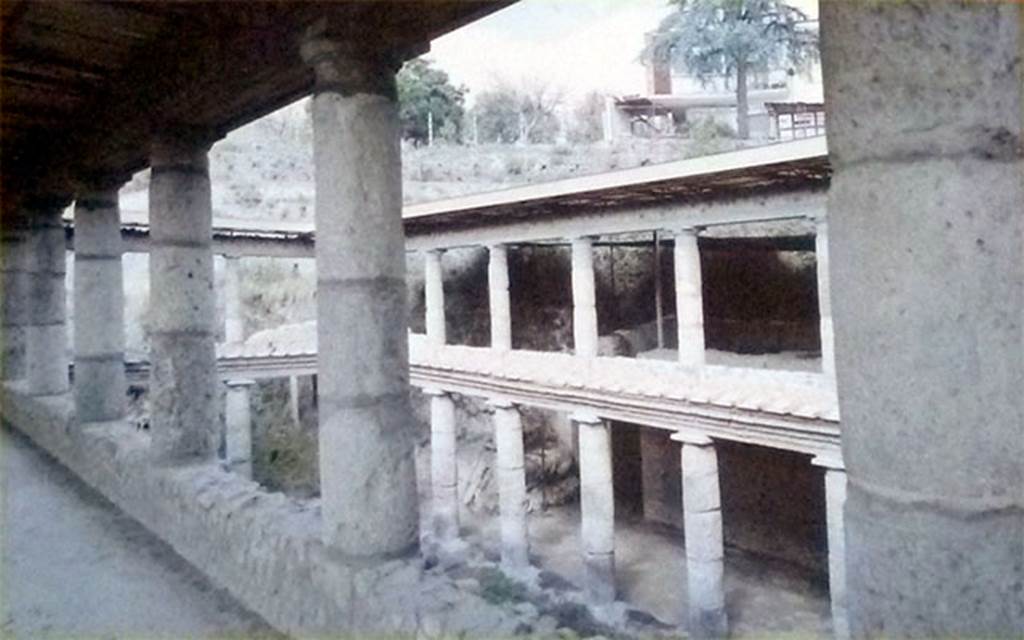 Oplontis, Villa L. Crassius Tertius. September 2011. Looking down from the peristyle upper level across courtyard 27. 
Photo courtesy of Michael Binns.
