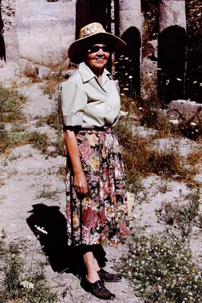 Oplontis, Villa of Lucius Crassius Tertius. 1978. Wilhelmina Jashemski in area 20 at the villa.
Photo by Stanley A. Jashemski.
Source: The Wilhelmina and Stanley A. Jashemski archive in the University of Maryland Library, Special Collections (See collection page) and made available under the Creative Commons Attribution-Non Commercial License v.4. See Licence and use details.
J78f0615