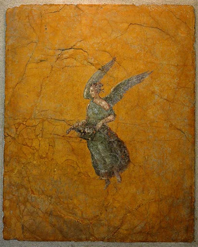 Gragnano, Villa rustica in Località Carmiano, Villa A. Room 6.
Detail of winged flying figure.
