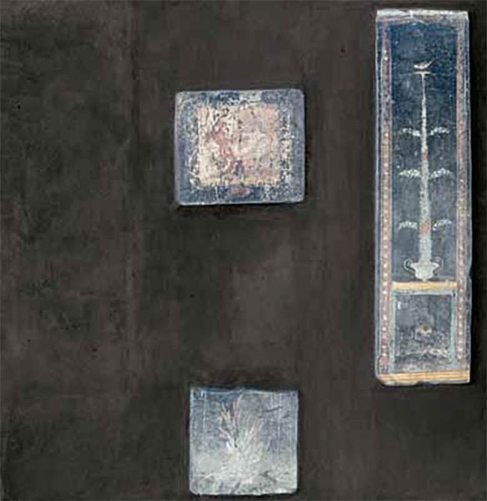 Gragnano, Villa rustica in Località Carmiano, Villa A. Cubiculum 8 east wall.
The panels were found in a bad state of conservation.
At the top of the vegetal growth from the silver kantharos is a gold plate on which a small bird is visible.
The only bird still visible is on this east panel.
The zoccolo shows a shrub and the central painting is an erotic scene.
Stabiae Antiquarium, inventory number 63708.
See Jacobelli L., ed. Catalogo Alem de Pompeia: Riscoprendo Il Fascino di Stabiae 2012.