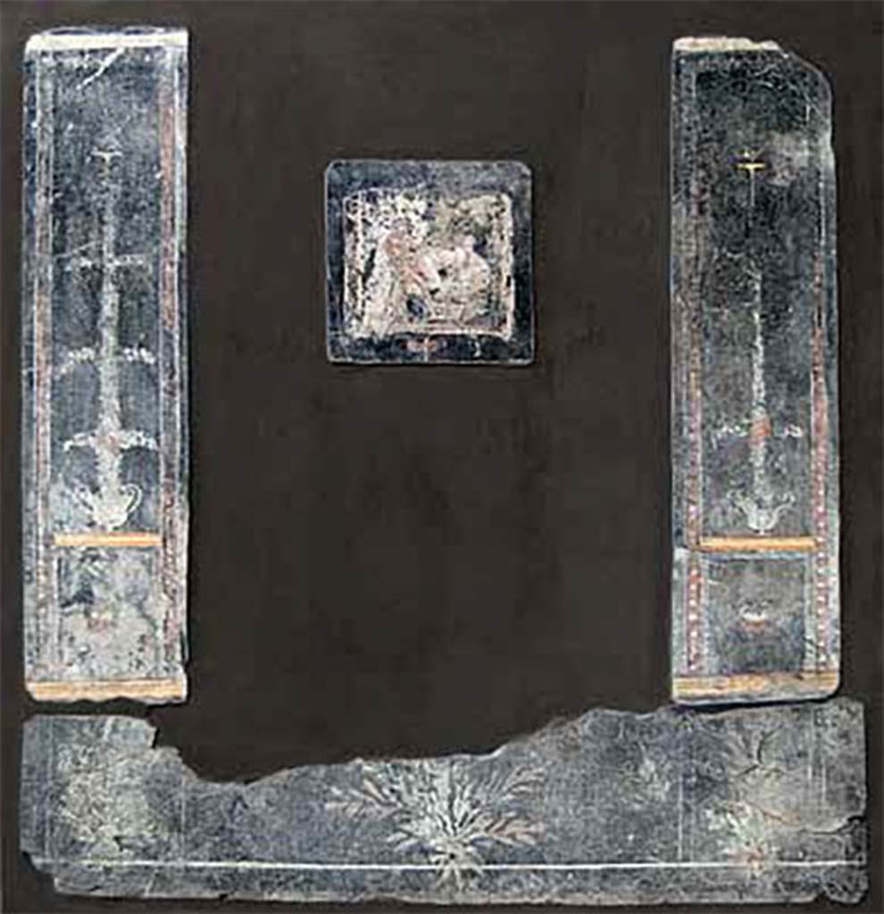 Gragnano, Villa rustica in Località Carmiano, Villa A. Cubiculum 8 west wall. The panels were found in a bad state of conservation.
In each side panel, at the top of the vegetal growth from the silver kantharos is a gold plate on which a small bird was visible.
The only bird still visible is on the east wall panel.
The zoccolo shows shrubs and the central painting is an erotic scene.
Stabiae Antiquarium, inventory number 63709.