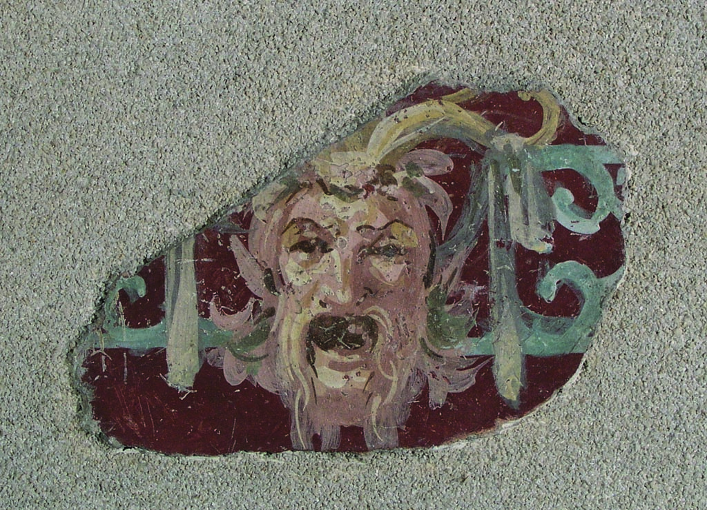 Stabiae, Secondo Complesso, Room 14, fresco with mask of Zeus.
Antiquarium Stabiano, inventory number - 63897. 
See Otium Ludens, curated by Guzzo, P, Bonifacio, G, and Sodo, A.M. (2007). Castellammare di Stabia: Nicola Longobardi, p. 133.

