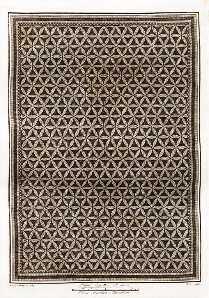 Mosaic as shown in Gli Ornati 1838
See Gli ornati delle pareti ed i pavimenti delle stanze dell'antica Pompei incisi in rame: 1838.
and Gli Ornati (pt.2.1808)
Mosaic of 6 pointed stars in concentric circles, numbered 117 by Pisapia.
Now in room CXXIX of Naples Archaeological Museum.
According to Pisapia -
Tessellatum Black and white. The four pieces of mosaic measure m.4.10 x 0.92. (Tav. XXXI).
Found in 1762 (a slightly different design is reported by Ruggiero) and taken to RMB where it was inserted, cut into 4 pieces in one of the rooms of the west wing of the First Floor.
The mosaic is formed by black circles which intersect to form flowers of six white petals.
See Ruggiero M., 1881. Degli scavi di Stabia dal 1749 al 1782, Naples, (pp. 179-180).
See Pisapia, M. S. 1989, in Mosaici antichi in Italia, Regione prima. Stabia, Roma, (p. 56-58 for number 117) Tav. XXXI.
