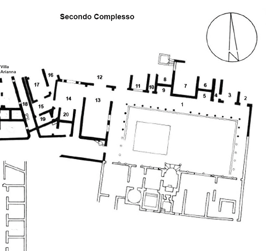 Stabiae, Secondo Complesso, Villa Arianna B. Plan adapted from Kockel 1985.
See Kockel V., 1985. Funde und Forschungen in den Vesuvstadten 1: Archäologischer Anzeiger, Heft 3. 1985, Abb. 13. This differs from our plan in the area of rooms 20 and 21. 20 here is our room 21 and the unnumbered room between 19 and 21 is our room 20.