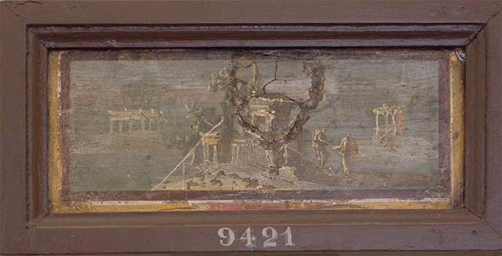 Stabiae, Villa Arianna, found 30th December 1760 to 3rd January 1761. Room E, landscape painting.
Now in Naples Archaeological Museum. Inventory number 9421.
See Sampaolo V. and Bragantini I., Eds, 2009. La Pittura Pompeiana. Electa: Verona, p. 480-1.
