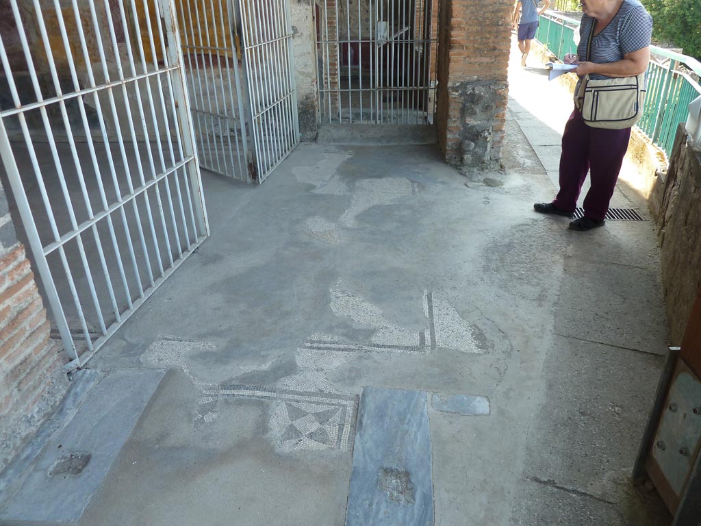 Stabiae, Villa Arianna, September 2015. Room 7, mosaic flooring with a doorway threshold at east end.