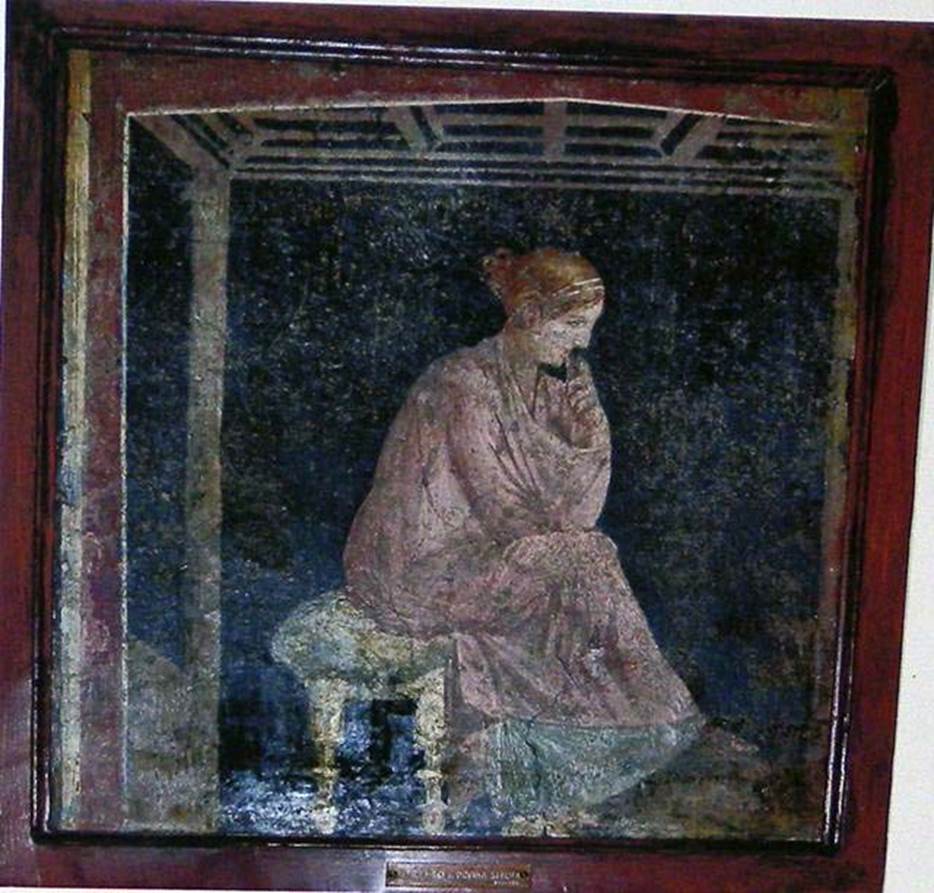 Stabiae, Villa Arianna, found 15th March 1760. Room 7, painting of a seated woman with her hand to her mouth.
Now in Naples Archaeological Museum. Inventory number 9097.
See Sampaolo V. and Bragantini I., Eds, 2009. La Pittura Pompeiana. Electa: Verona, p. 456.
See Pagano, M. and Prisciandaro, R., 2006. Studio sulle provenienze degli oggetti rinvenuti negli scavi borbonici del regno di Napoli.  Naples: Nicola Longobardi, p. 245.
