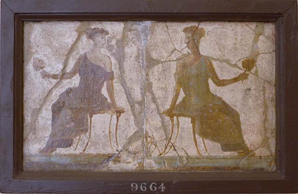 Stabiae, Villa Arianna, found 16th June 1759. Room W.28, paintings of seated women.
Now in Naples Archaeological Museum. Inventory number 9664. 
According to Prisciandaro and Pagano, a picture that fell to the ground showed a woman seated on a pedestal with a bastone (stick) in the right hand.
They also include the note “Si è consegnata al R. Museo con le altre simili fig. di donne, ma non si sa se lo scultore le taglierà”.
See Pagano, M. and Prisciandaro, R., 2006. Studio sulle provenienze degli oggetti rinvenuti negli scavi borbonici del regno di Napoli.  Naples: Nicola Longobardi, p. 242.
