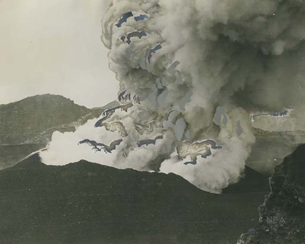 Vesuvius, 25th June 1929 press photo. Vesuvius in eruption. On the rear of the photo it says:
“Vesuvius in eruption. Our picture shows a close up of molten lava being thrown from the crater of the volcano.”
Photo courtesy of Rick Bauer.