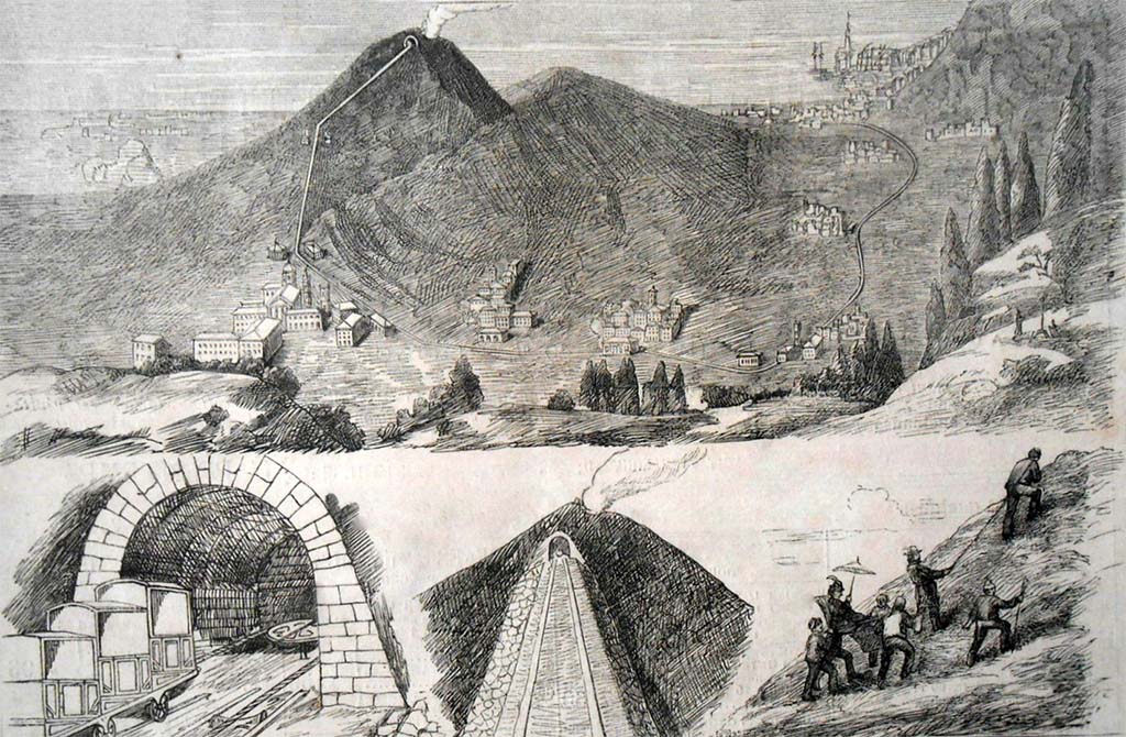 Vesuvius Funicular. 1874 sketches of the project for the railway from Naples to Vesuvius.