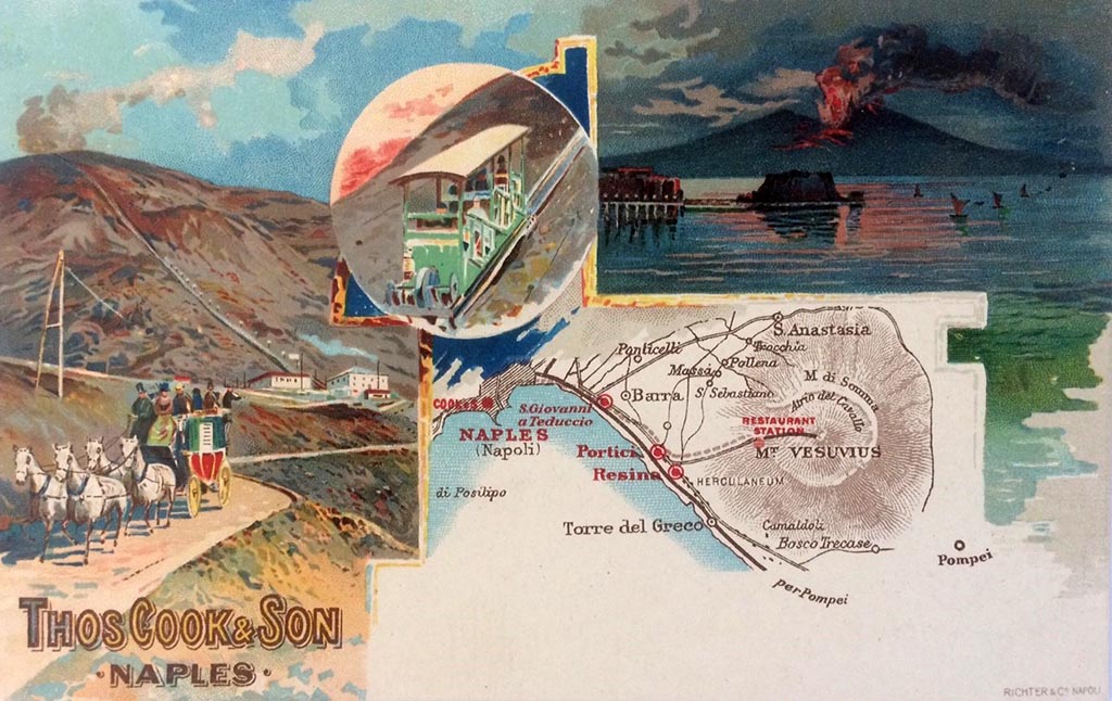 Postcard for Vesuvius Railway and Funicular. Not dated but the funicular car is the monorail in use from 1889 to 1904. 
It also shows a horse drawn carriage, a Vesuvius eruption and the route up Vesuvius.
A round trip in 1886 with guides from Naples to the summit by horse carriage and funicular cost about a pound, a high figure for the time.
Photo courtesy of Rick Bauer.
