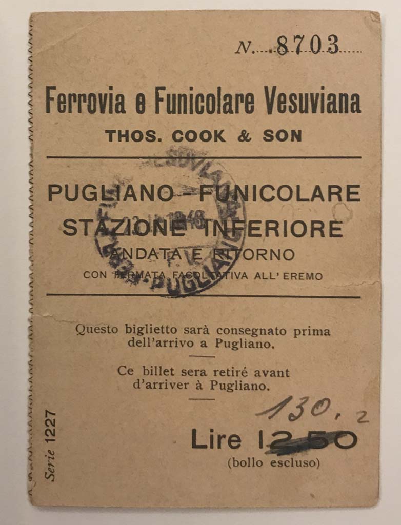 Rear of a Thomas Cook & Son combo ticket to Vesuvius, using the train and the funicular.  
This ticket is dated 13 July 1948. Photo courtesy of Rick Bauer.
