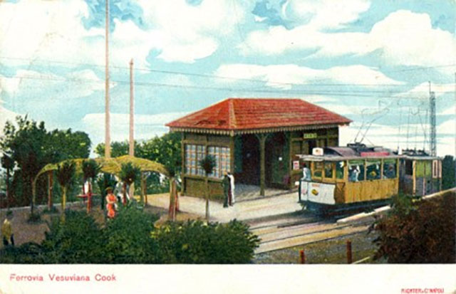 Vesuvius to Pugliano railway. Old postcard with the title “Ferrovia Vesuviana Cook”, Cook’s Vesuvian railway.
The electric train is pictured at the station of (Hotel) Eremo (and the observatory), the last stop before the Lower Station of the Funicular.

