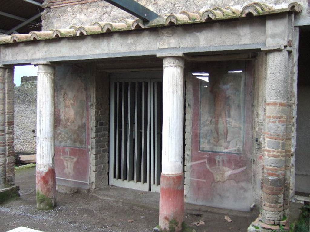 II.2.2 Pompeii. December 2005. Room "i", west end of upper euripus showing the paintings of Diana and Actaeon.