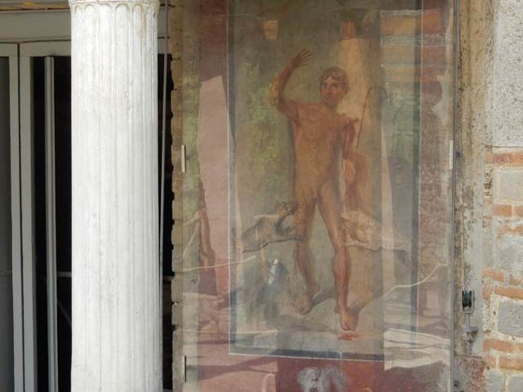 II.2.2 Pompeii. May 2016. Room "i", west end of upper euripus. Painting of Actaeon being attacked by the goddess Diana’s dogs. Photo courtesy of Buzz Ferebee.