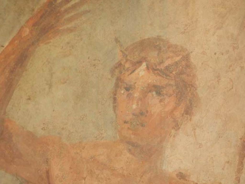 II.2.2 Pompeii. May 2016. Room "i", west end of upper euripus. Detail from painting of Actaeon. Photo courtesy of Buzz Ferebee.