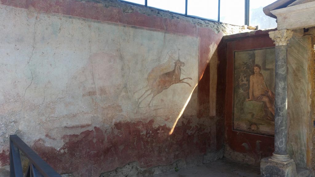 II.2.2 Pompeii. 2016/2017.
Room “i”, large hunting scene on east end of north wall in north-east corner. Photo courtesy of Giuseppe Ciaramella.