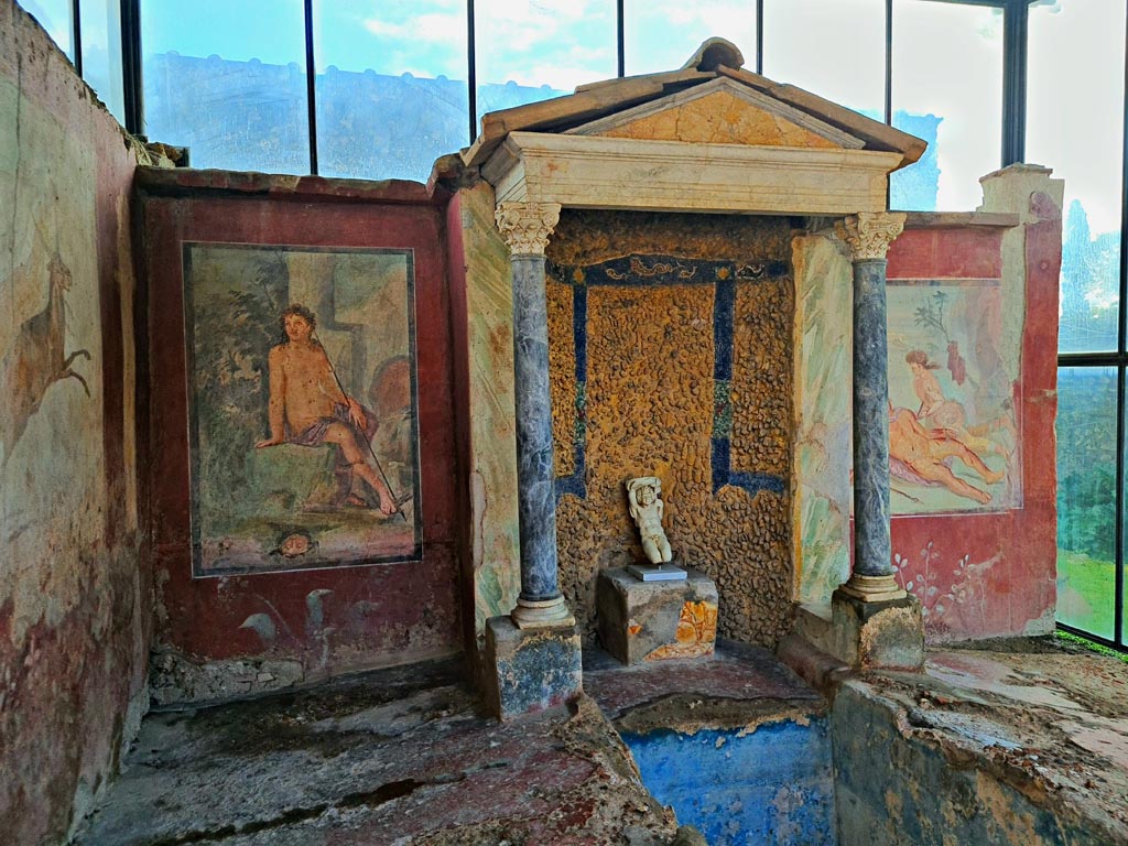 II.2.2 Pompeii. March 2024.
Room “k”, summer dining room with biclinium and water feature, at east end of upper euripus. Photo courtesy of Giuseppe Ciaramella.