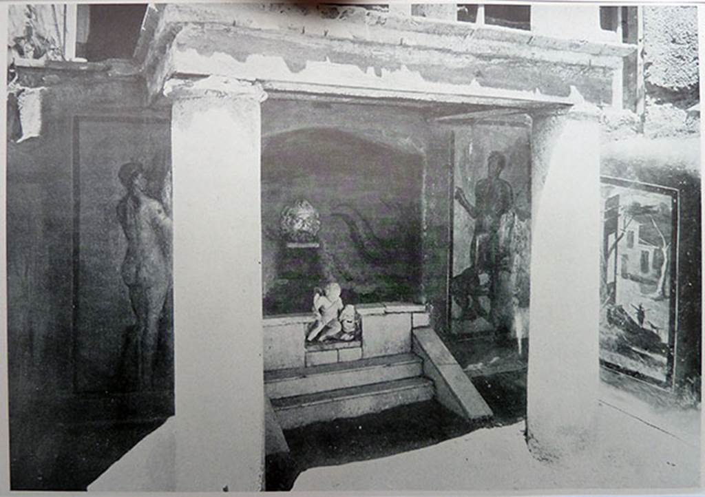 II.2.2 Pompeii. Room “l”, garden.
Old photograph showing wall of nymphaeum, with painting of Diana, on left, and Acteon, on right, with landscape on side wall. Looking north.