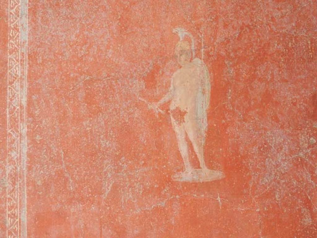 II.2.2 Pompeii. May 2016. Room “b”, detail of painted warrior from north end of west wall. Photo courtesy of Buzz Ferebee.
