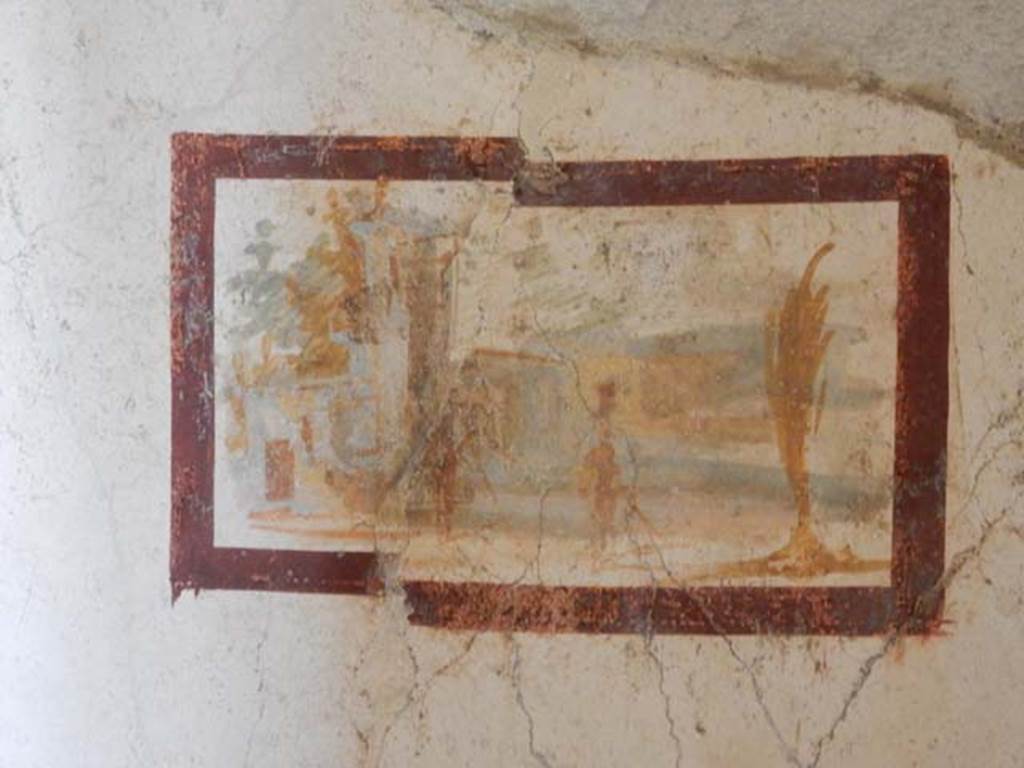 II.2.2 Pompeii. May 2016. Room “d”, detail from painted panel on east end of north wall. Photo courtesy of Buzz Ferebee.