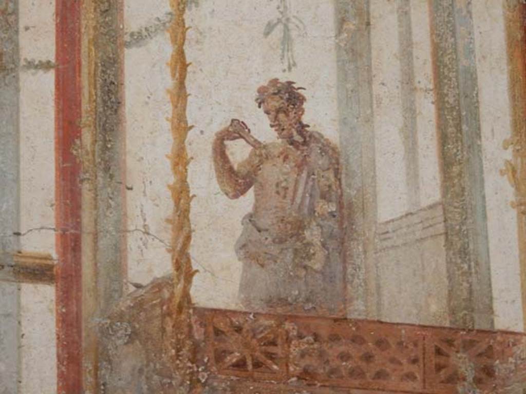 II.2.2 Pompeii. May 2016. Room “f”, detail of painted figure from north end of upper west wall.
Photo courtesy of Buzz Ferebee.
