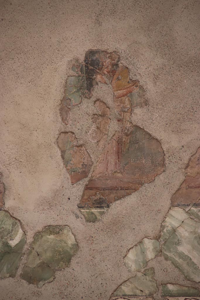 II.2 2 Pompeii. October 2023.
Room “h”, north wall of triclinium lower frieze, detail of Thetis giving the weapons to her son Achilles.
Photo courtesy of Klaus Heese.