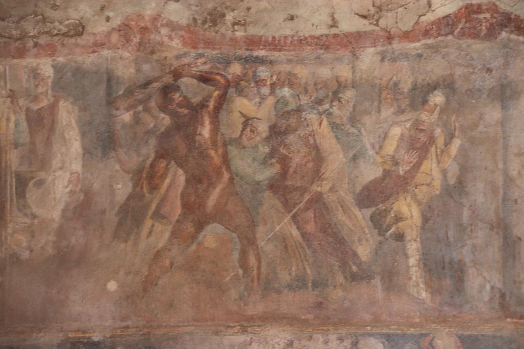 II.2.2 Pompeii. October 2022.
Triclinium “h”, the larger upper section depicting Heracles and Laomedon, King of Troy, from the centre of the east wall.
Photo courtesy of Klaus Heese