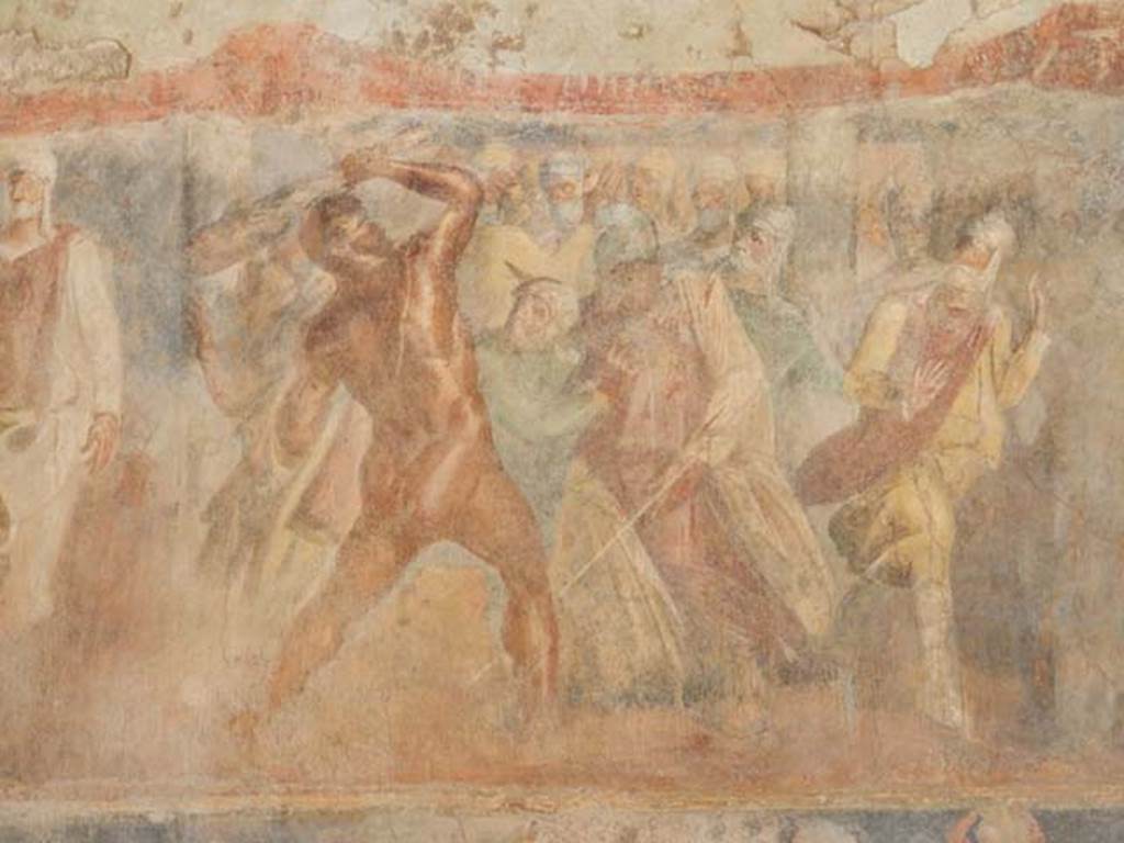 II.2.2 Pompeii. May 2016. Room “h”, east wall.
The larger upper section depicting Heracles and Laomedon, King of Troy.
Photo courtesy of Buzz Ferebee.