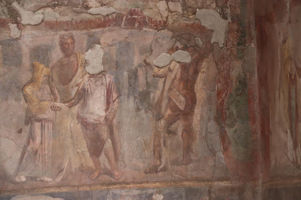 II.2.2 Pompeii. October 2022.
Triclinium “h”, the larger upper section depicting Hesione and Telamon from the east wall at south end. Photo courtesy of Klaus Heese
