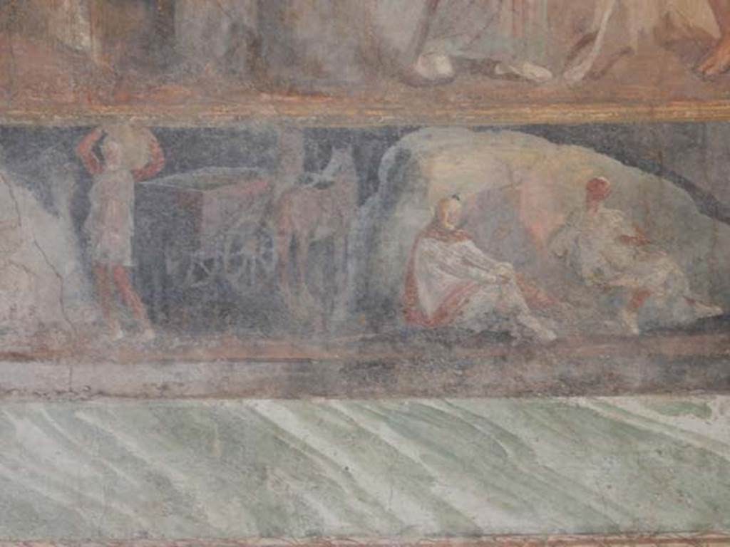 II.2.2 Pompeii. May 2016. Room “h”, east wall of triclinium.
Lower section with stories from the Trojan War featuring Achilles.
Led by Hermes, Priam takes a wagon out of Troy, across the plains, and enters the Greek camp unnoticed.
Photo courtesy of Buzz Ferebee.