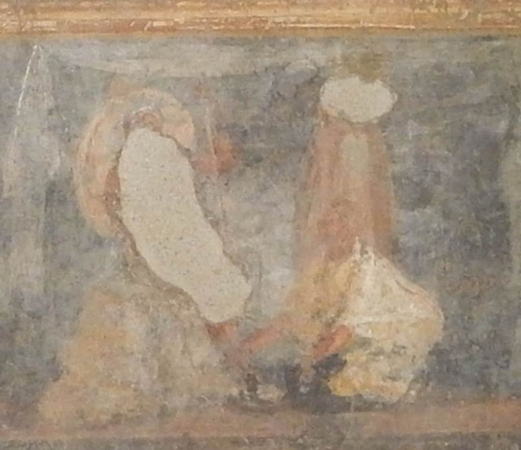 II.2.2 Pompeii. May 2016. Room “h”, south end of east wall of triclinium.
Phoenix, with his two companions behind him, kneels in front of Achilles who is seated on the left.
See Lorenz K., 2013. In Epic Visions: Visuality in Greek and Latin Epic and its Reception. Cambridge U.P., p. 235-6.
Photo courtesy of Buzz Ferebee.