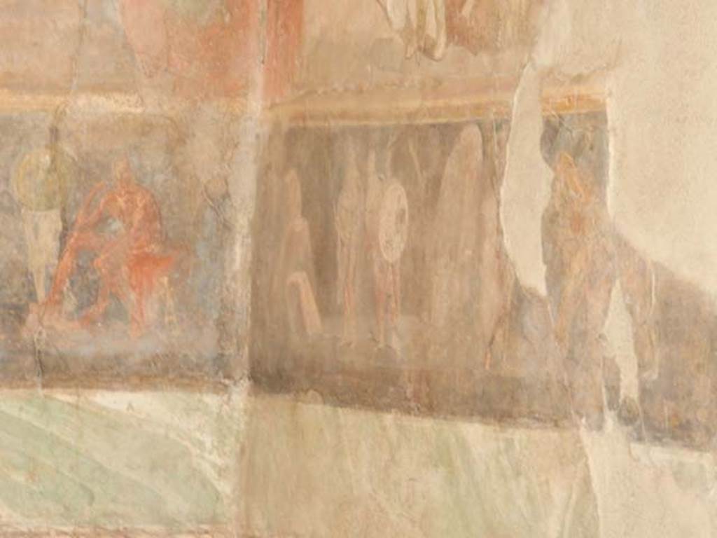 II.2.2 Pompeii. May 2016. Room “h”, south end of east wall and south wall.
On the right of the south wall a boy is watering two horses, said to be XANTUS and BALIUS given to Achilles by Peleus.
On the left of the south wall the embassy to Achilles (between two sets of rocks), consisting of the heavily armed Phoenix, Odysseus and Telamonian Ajax goes towards Achilles tent.
On the east wall in his tent sits a nude Achilles in thoughtful pose. Patroclus, fully armed, is next to him.
See Lorenz K., 2013. In Epic Visions: Visuality in Greek and Latin Epic and its Reception. Cambridge U.P., p. 235-6.