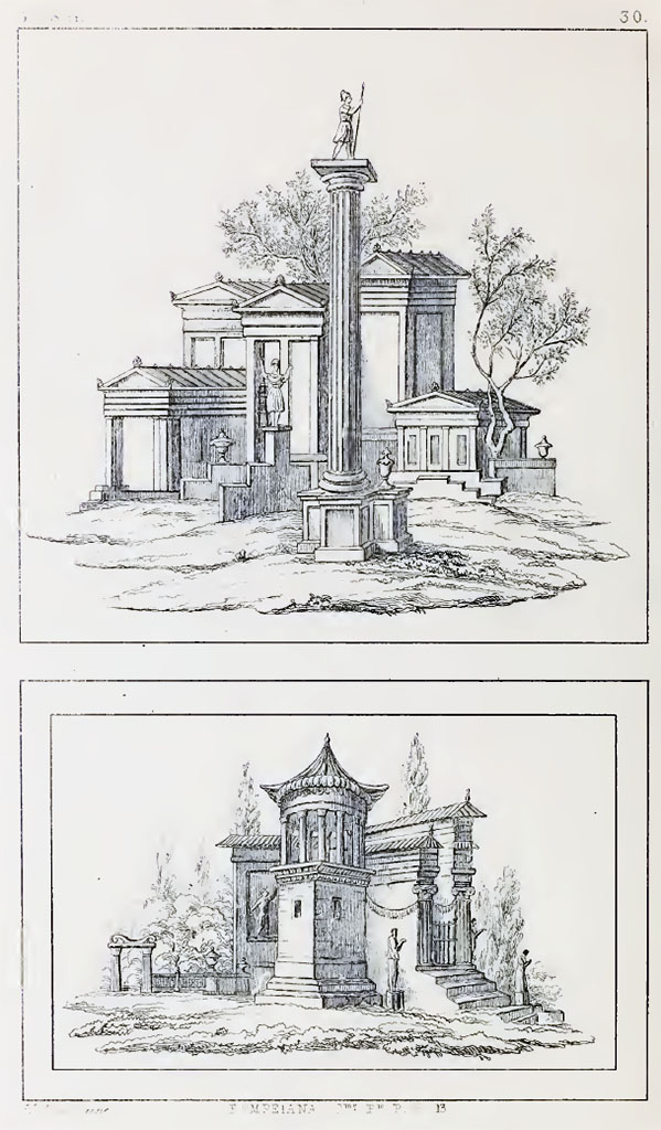 VII.9.1 Pompeii. Pre 1840.
According to Roux –
“Ce groupe architectural ornait autrefois les murs de la crypte d’Eumachie. »
(This architectural group once adorned the walls of the crypt of Eumachia.)
See Roux, H., 1840. Herculanem et Pompei recueil général des Peintures, Bronzes, Mosaïques : Tome 2. Paris : Didot, Peintures 5, p. 49 and Planche 30.