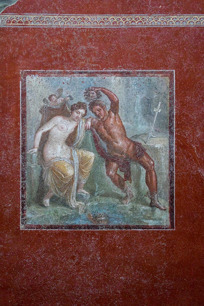 IX.12.A/IX.12.9 Pompeii. July 2024.
Room 18, central painting of Perseus and Andromeda from north wall. Photo courtesy of Johannes Eber.
See E-Journal 14, 24.05.24 Regio IX, 12: Insula dei Casti Amanti, Casa dei Pittori al lavoro, Ambiente 18: nota preliminare, p. 13, fig. 29.

