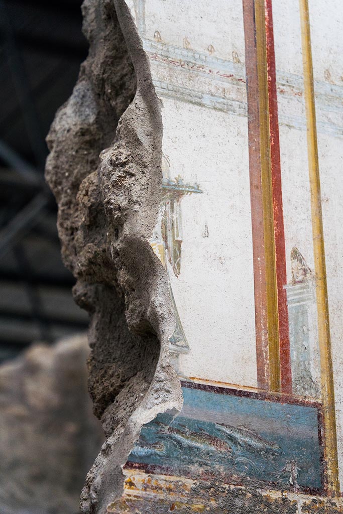 IX.12.A/IX.12.9 Pompeii. July 2024. 
Room 18, detail of painted panel with fish, from centre of upper north wall. Photo courtesy of Johannes Eber.
