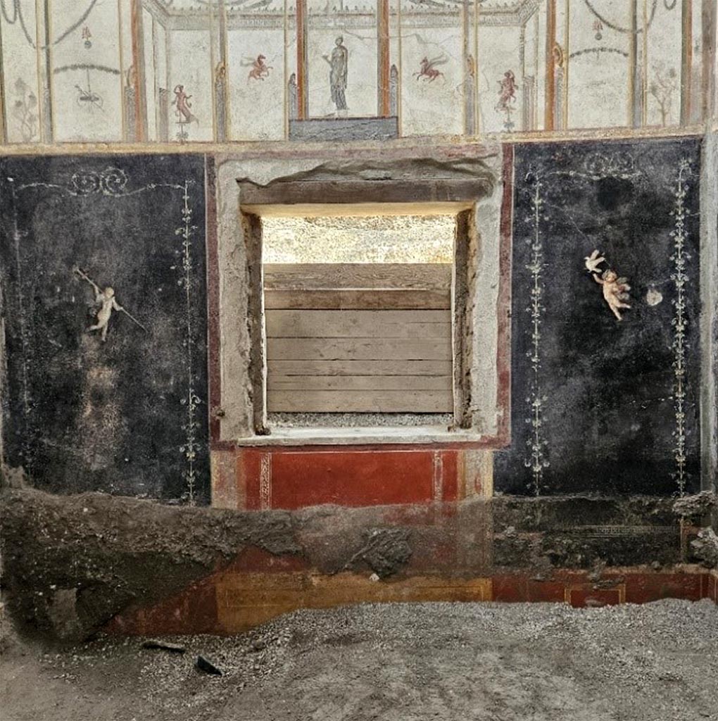 IX.12.A/IX.12.9 Pompeii. May 2024. Room 18, window in the south wall.
The window on the south wall (1.20 m x 1.20 m high) opens onto the garden still obliterated by volcanic layers. 
The opening preserves the marble sill slab, between 3 and 4 cm thick, and some iron elements still in situ attributable to the hinges. 
Photograph © Parco Archeologico di Pompei.
See E-Journal 14, 24.05.24 Regio IX, 12: Insula dei Casti Amanti, Casa dei Pittori al lavoro, Ambiente 18: nota preliminare, p. 6, fig. 13.
