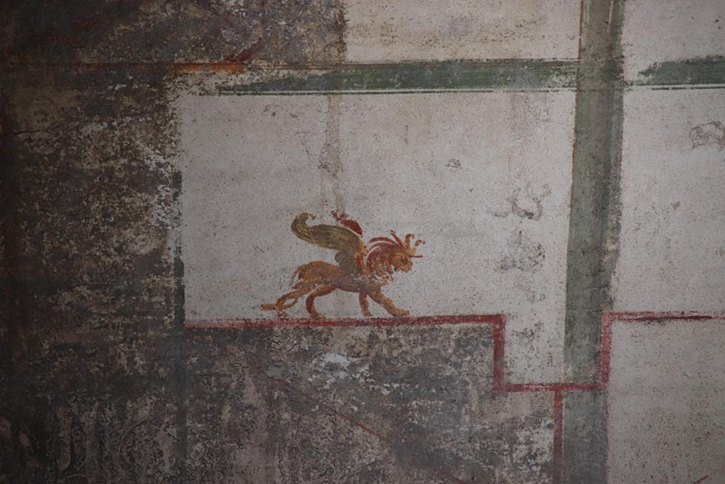 IX.12.9 Pompeii. October 2024. Room 12, detail of painted griffin, from upper north wall at west end. Photo courtesy of Klaus Heese.