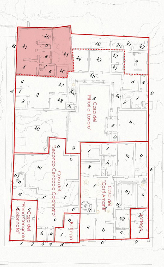 IX.12.9 Plan 2024 IX.12.9 Pompeii, included in the 2024 plan of IX.12 in PAP E-Journal 26, 24.10.2024, fig. 1.
Photo courtesy of Parco Archeologico di Pompei.
The area in red is temporarily known as IX.12.B Casa di Fedra or House of Phaedra (still under excavation) and is now no longer part of IX.12.9.
IX.12.A rooms 1 to 4, also still under excavation, are, for now, still included by us in IX.12.9.
The room numbers are those referred to on the pompeiiinpictures pages for IX.12.9.
This plan is to help you accurately locate the rooms shown in the photographs of this house.
Please be aware that the room numbers shown may differ from any other plans or records both published and unpublished.
